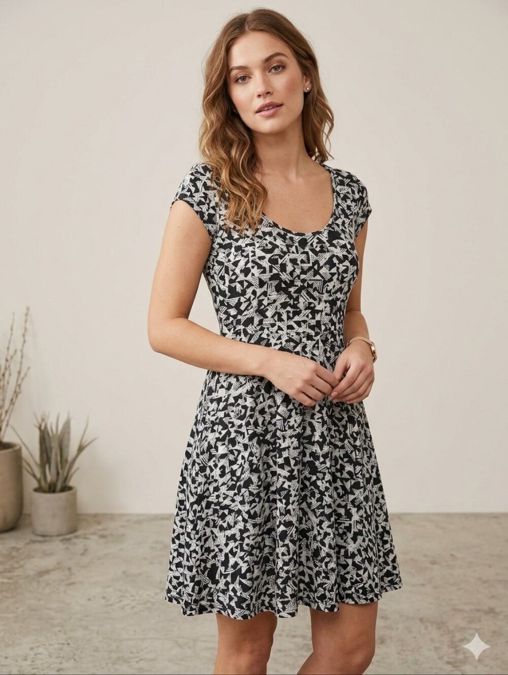 Areopostale Black & White Geometric Scoop Neck Midi Dress